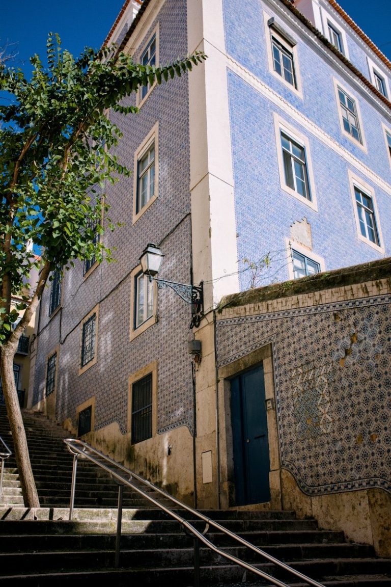 Blue tiled building with stairs and tree